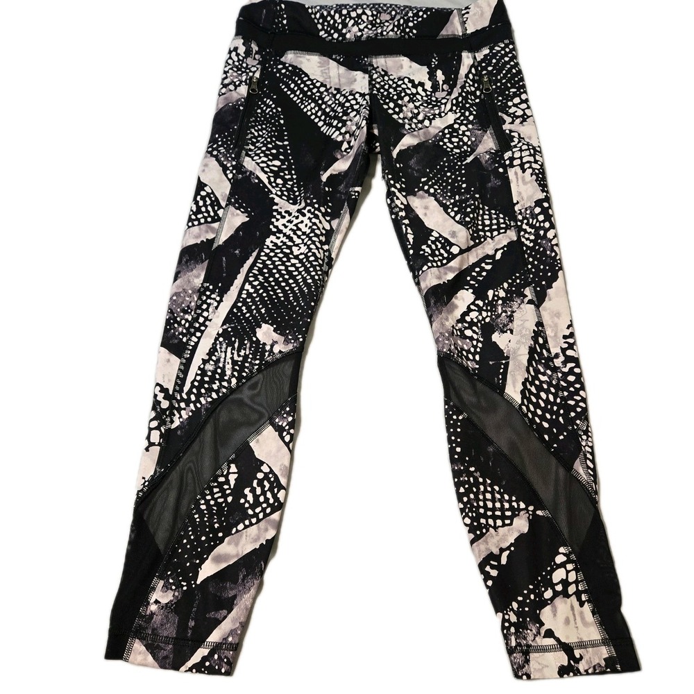 Lululemon Inspire Tight II Leggings Black/White Static Mist Pockets Mesh Size 8